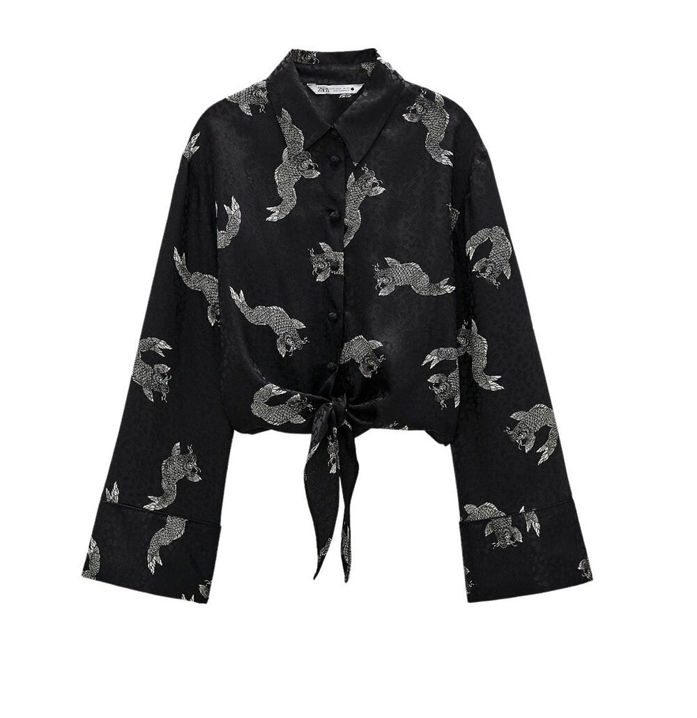 Zara Top S Satin Tie Front Crop Blouse Black Career Night Out Chic Long Sleeve